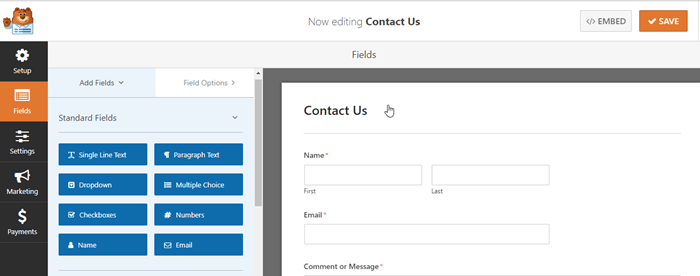 Create contact us form fields by wpforms plugin