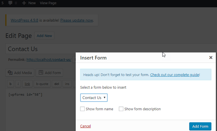 Add contact form on wordpress page