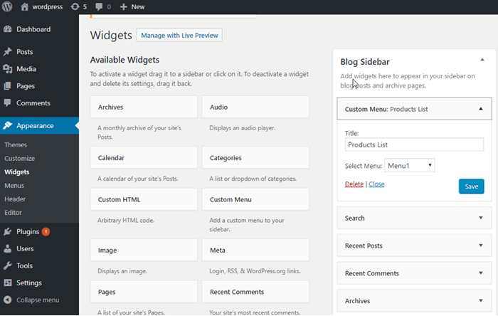 Show menu by widget in sidebars