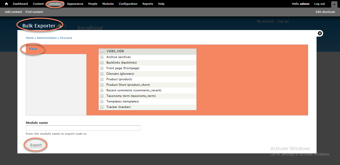 Bulk exporter admin page Drupal 8