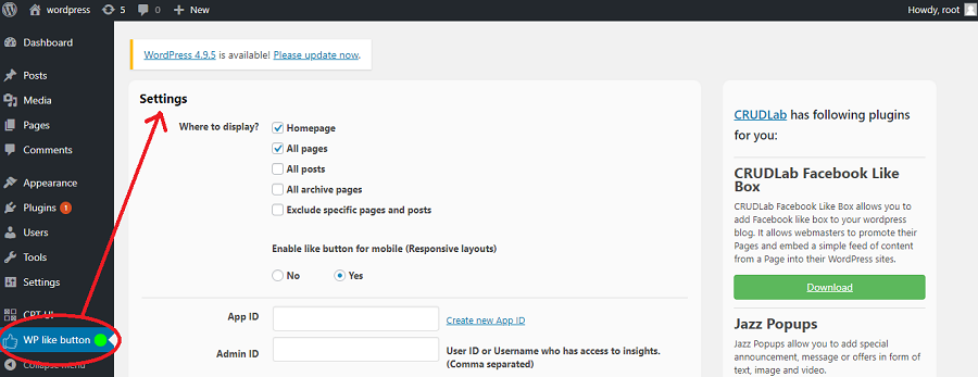 Facebook like button plugin settings