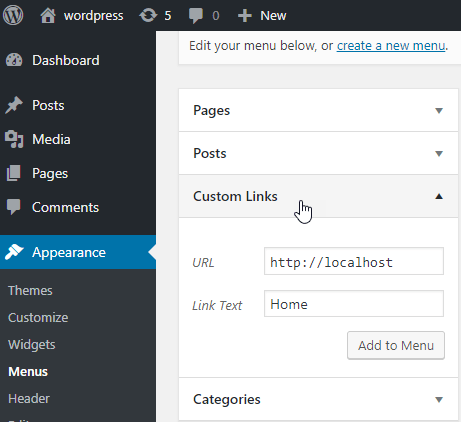 Create menu with custom link