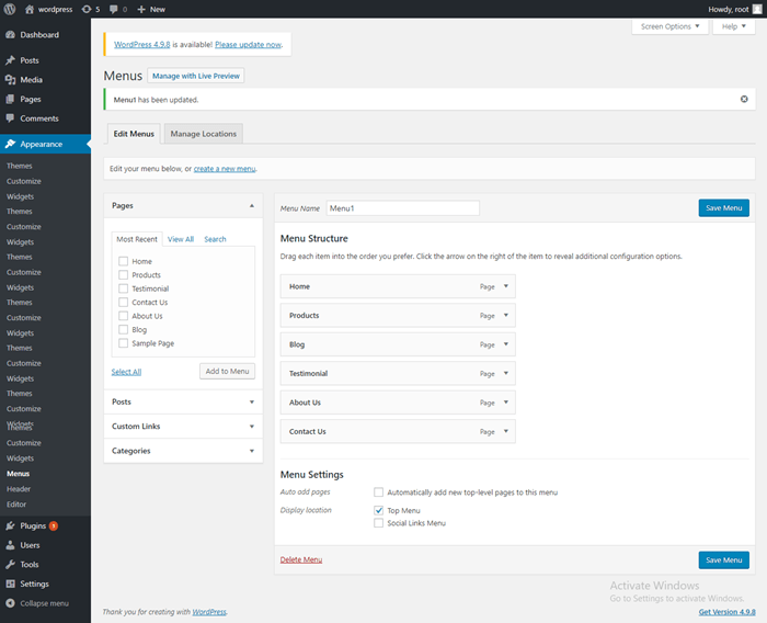 Menu structure after create menu