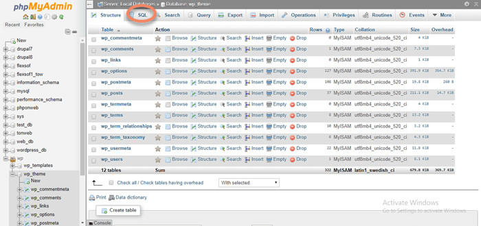 Showing wordpress database table default prefix