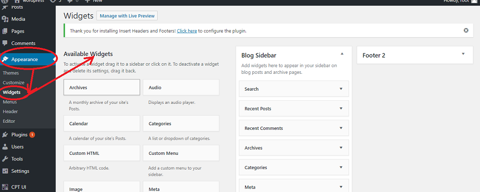 Widget area wordpress admin