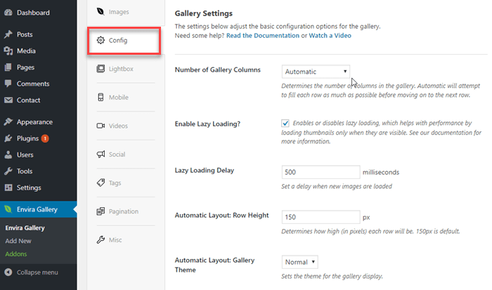 Envira gallery configuration page in wordpress admin