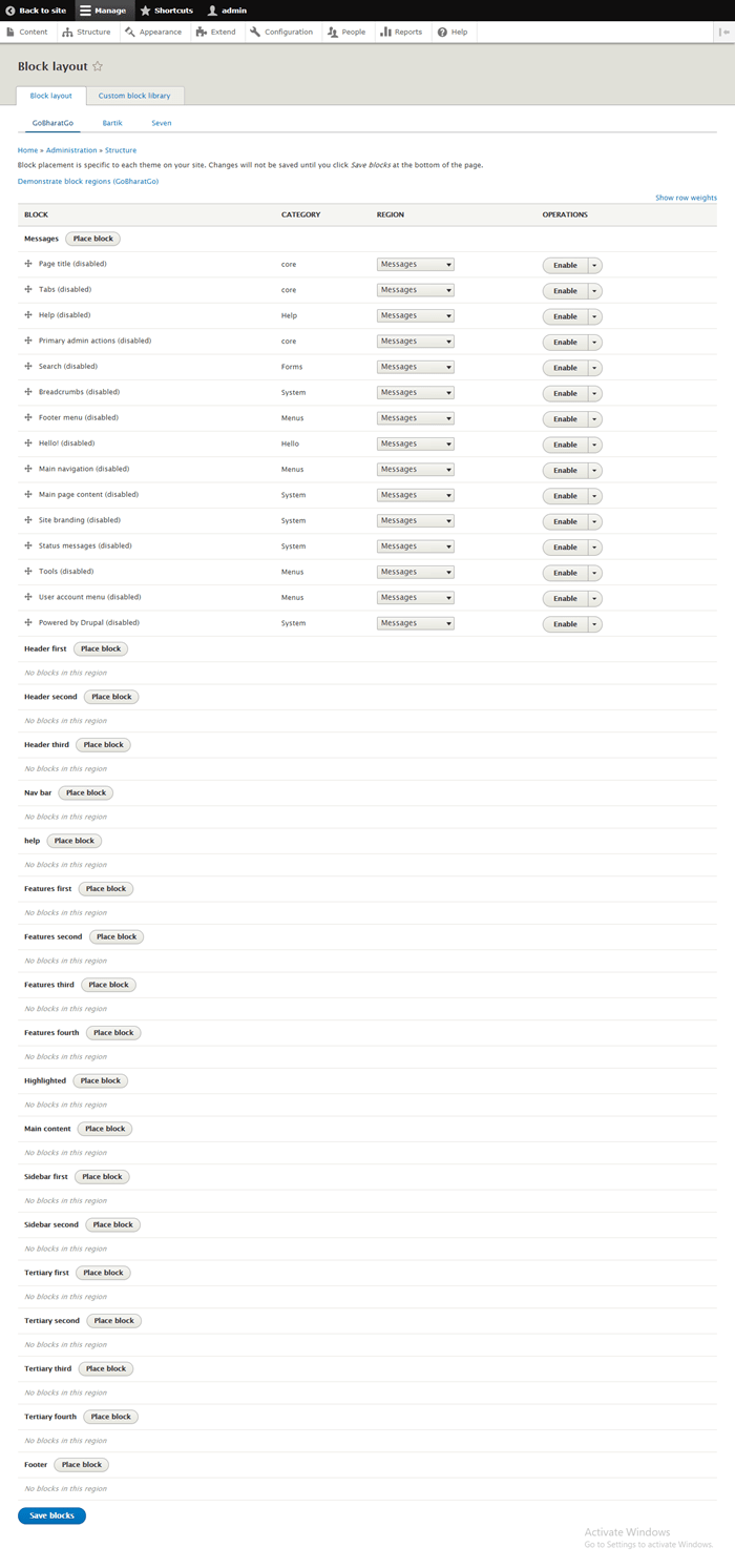 Custom theme regions in block layout page