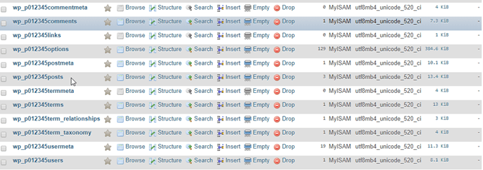 Database screen after default wordpress table prefix changed