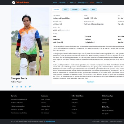 Cricket player profile page template showing stats, bios and player videos