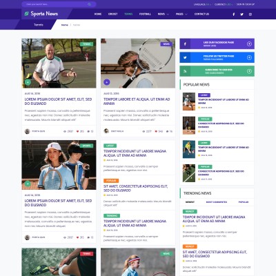 Tennis news page in bootstrap5