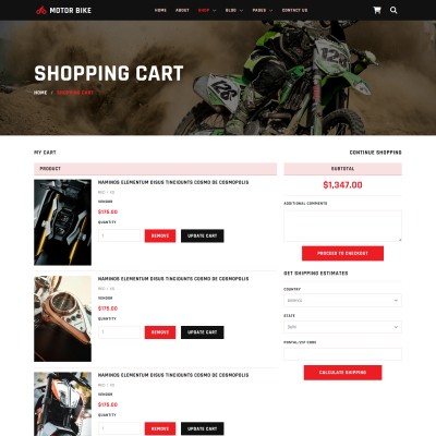 Motorcycle shopping cart html page screenshot