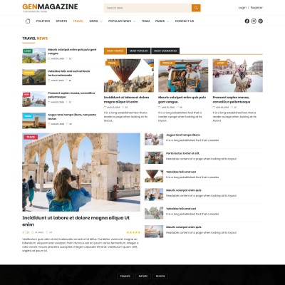 Travel articles listing with headlines, images, social sharing buttons