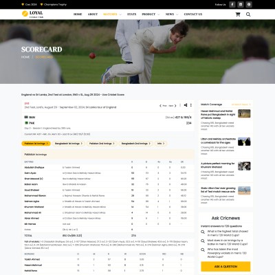 Local cricket club match live scorecard page