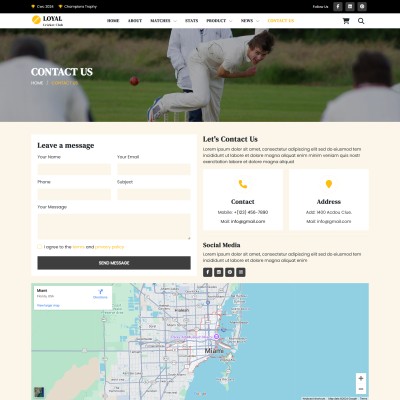 Cricket club contact section featuring location map and social media links