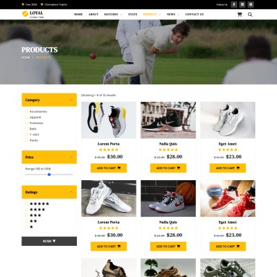 Cricket club products listing page