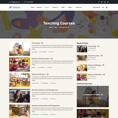 Course listings & subjects offered page design