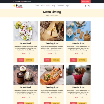 Responsive pizza food gallery with image, price, and order options