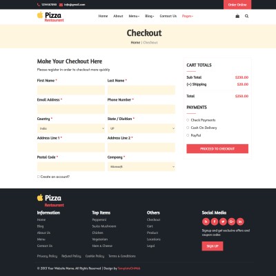 Pizza order checkout page html in bootstrap