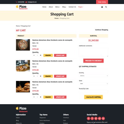 Pizza order online page with shopping cart functionality