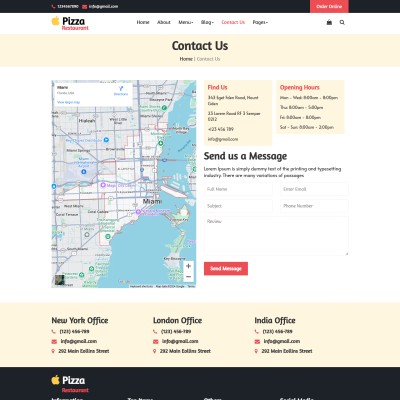 Pizza shop template responsive pafe for inquiry, contact, and location on map