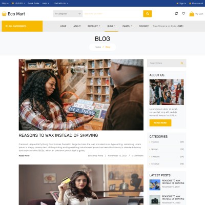 eCommerce shopping blogs page web design