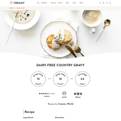 Recipe details page includes prep time, cook time, servings, ingredients, and directions
