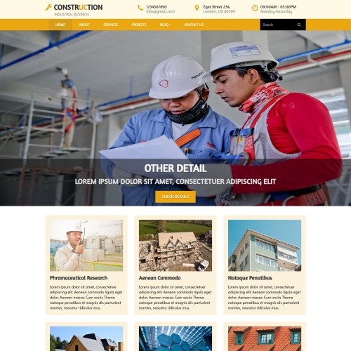 Construction company website template home page with company highlights, and featured projects