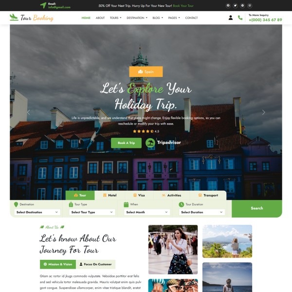 Online tour booking website template home page