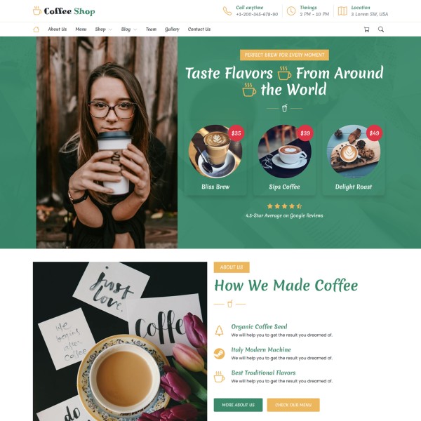 Coffee shop website template home page preview