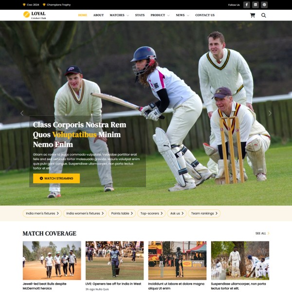 Homepage showcasing latest cricket news, upcoming events, and club updates