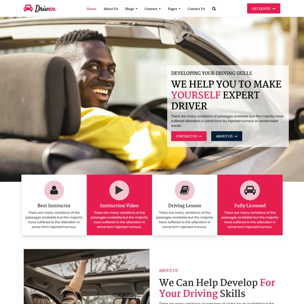 Driving instructor website template home page preview