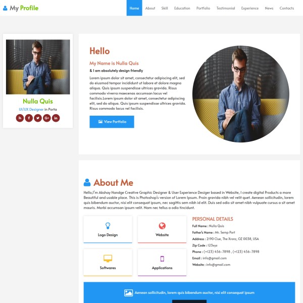 Professional profile website template home page