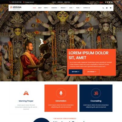 Hindu temple wordpress theme home page screen